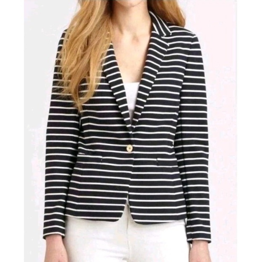 Michael Kors Soft Knit Ponte Blazer Navy Striped Jacket 1 Button Sz 0 Nautical
